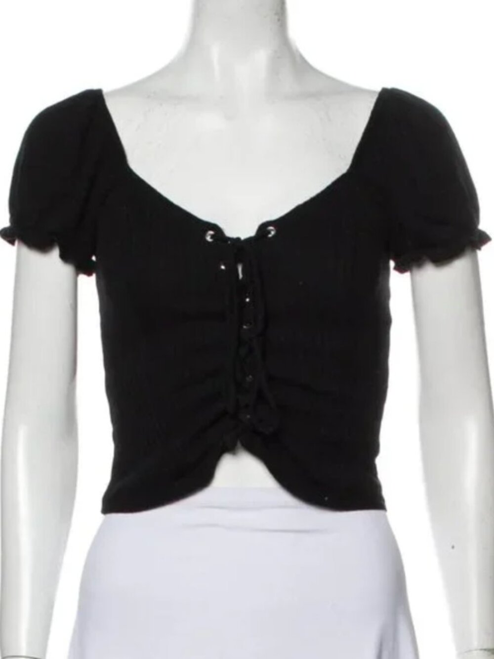 Reformation Puff Sleeves Tie Front Ribbed Top in Black Size XS